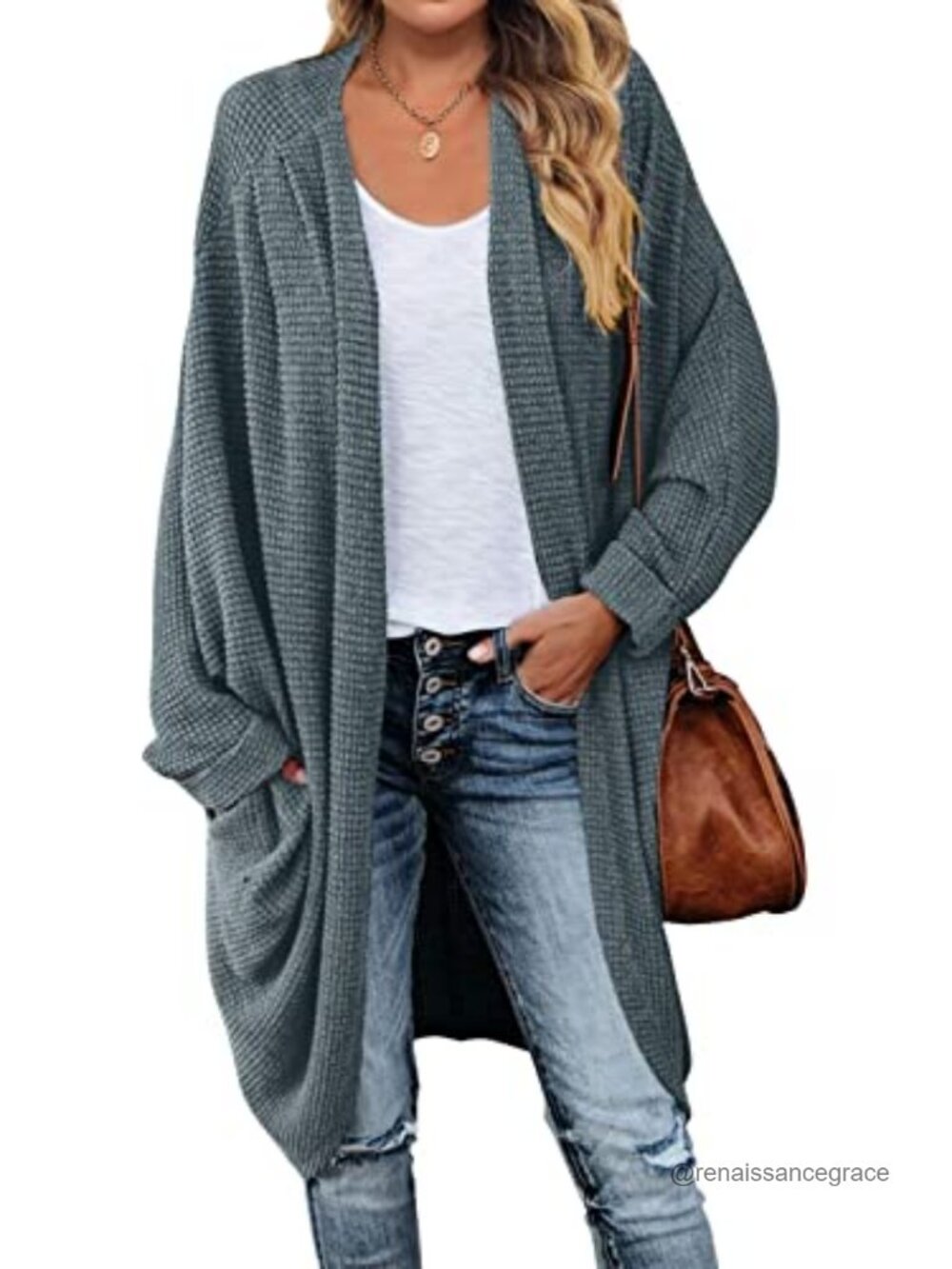 Oversized Dolman Sleeve Waffle Knit Cardigan Sweater